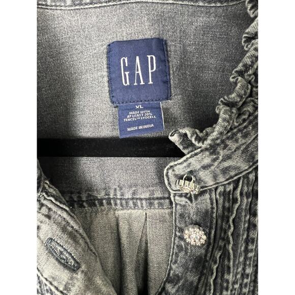 Gap Black Denim Wash Pleated Rhinestone Button Collared Blouse NWOT XL - Picture 2 of 8